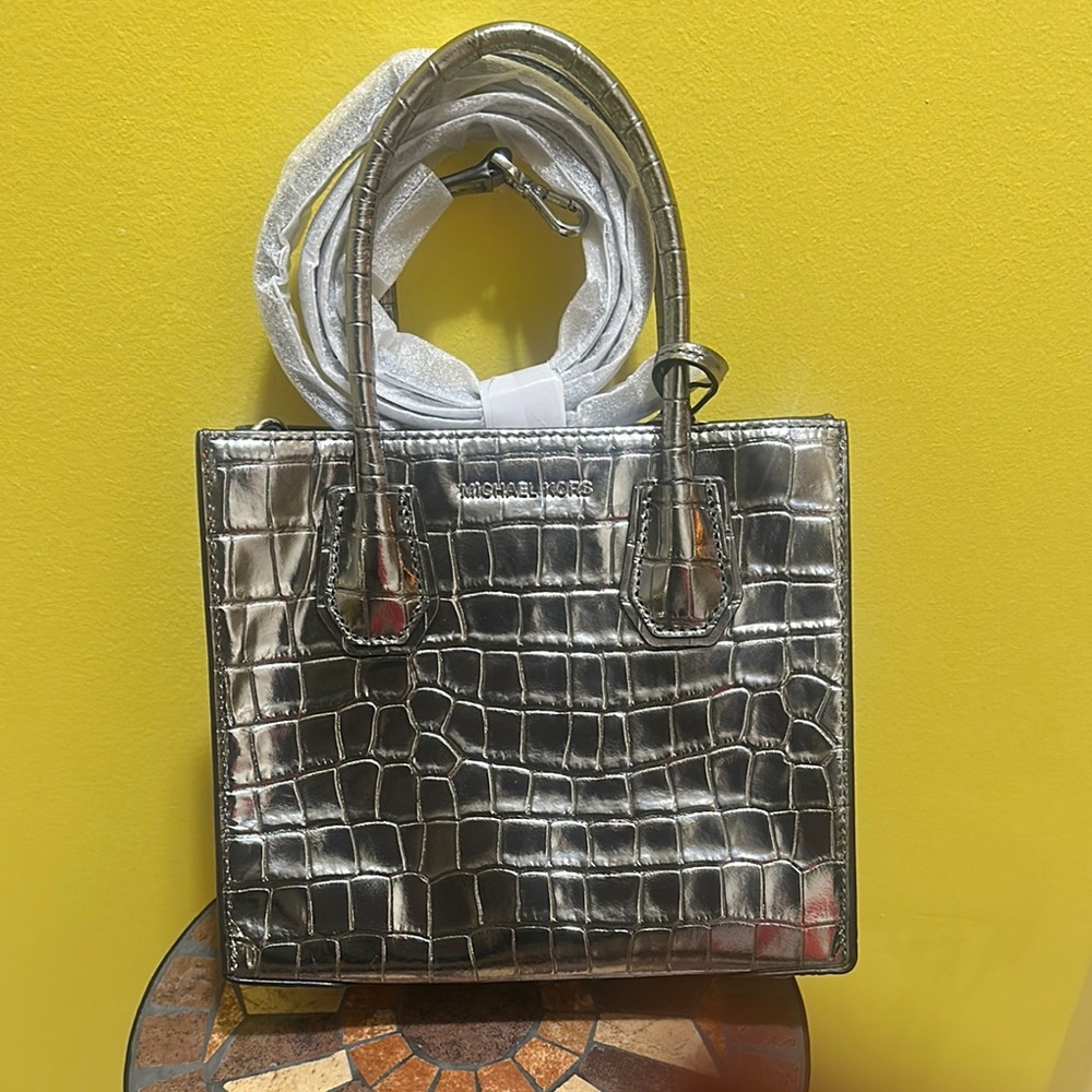 Michael Kors Metallic Silver Croc-Embossed Satchel
